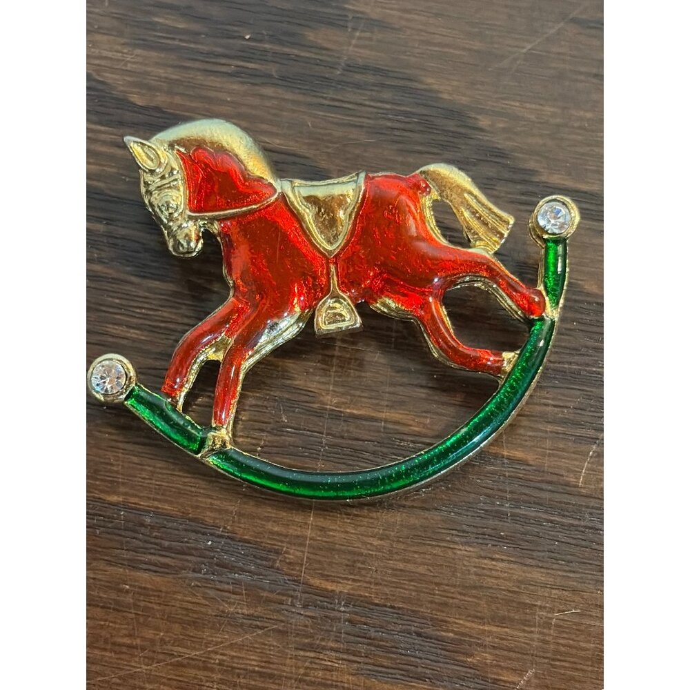 VTG Enamel Rocking Horse Brooch Pin Red & Green Gold-Tone Rhinestones 2"
